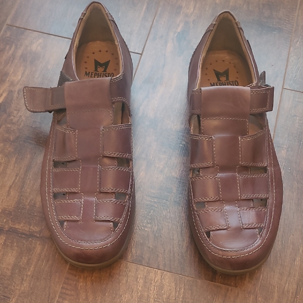 Mephisto Men's Dark Brown Leather Fisherman Sandals with Hook-and-Loop Str 10.5